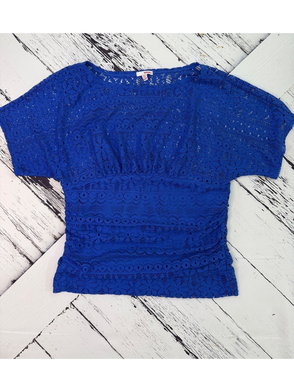 Vintage Bongo Whimsy Coquette Y2K Blue Lace Ruched Dolman Blouse Women’s XL